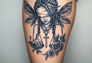 Black Sylph with dreads wearing blind fold and ankh cross pendant with tattoos holding weighing scales with the rose vines surrounding and grey wolf tattoo idea