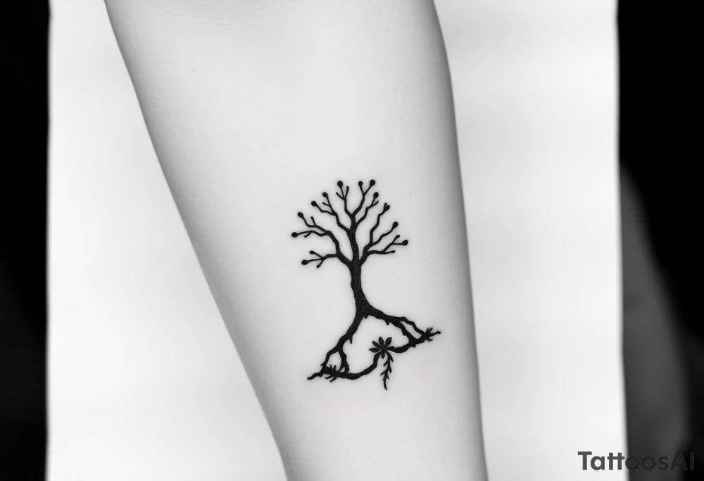 Design a tattoo symbolizing personal rebirth and freedom. or tree emerging from darkness, representing overcoming addiction, self-love, and inner strength. Include meditation elements. Style: minimalistic, meaningful, with clean lines and hope-driven symbolism. tattoo idea