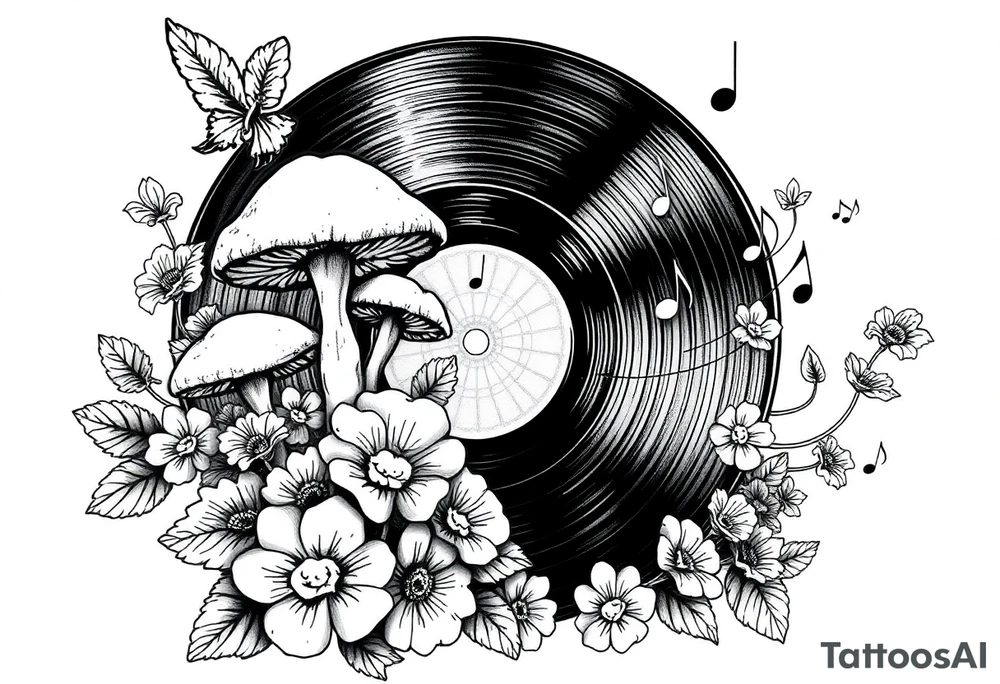 vinyl record with mushrooms, flowers, and music notes tattoo idea