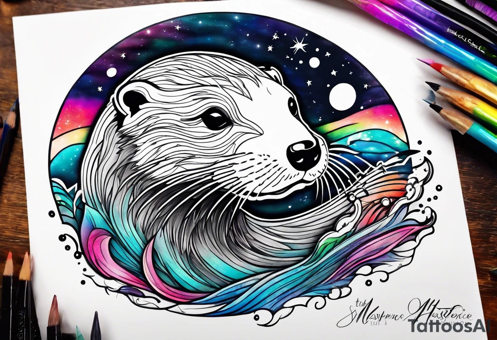 Otter swimming in an aurora tattoo idea