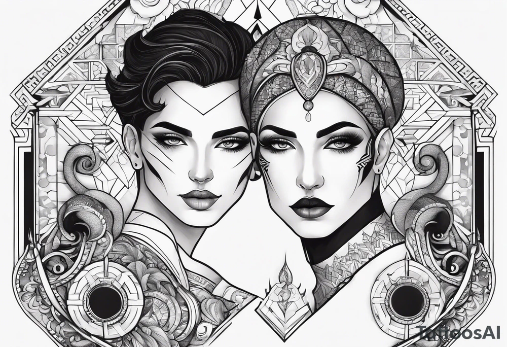 I want an image of an Aries man, a Cancer woman, and a Libra man that balances the two. tattoo idea