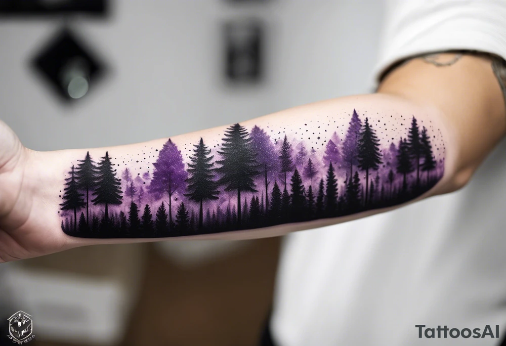 forest, purple and black, on forearm, fully covered, no borders, blackwork tattoo idea