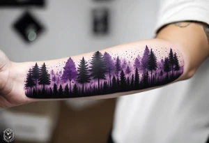 forest, purple and black, on forearm, fully covered, no borders, blackwork tattoo idea