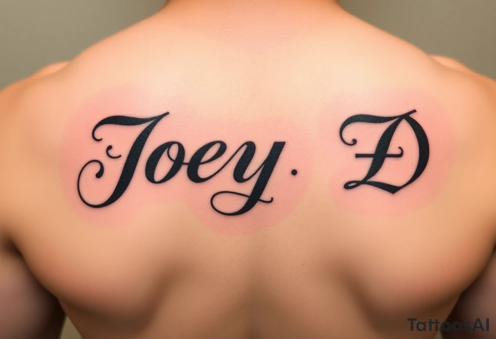 The words Joey D written with a large scale fancy J at the start tattoo idea