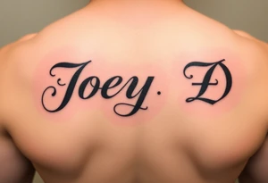 The words Joey D written with a large scale fancy J at the start tattoo idea