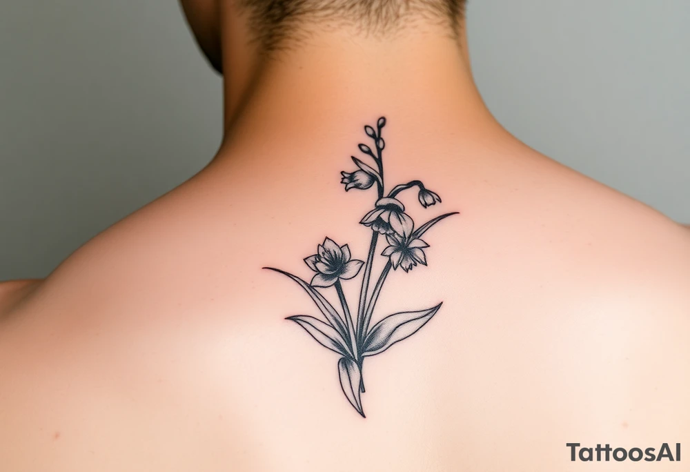 Coquis, stamp with daffodils, Lily of the valley, larkspur tattoo idea