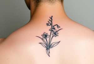 Coquis, stamp with daffodils, Lily of the valley, larkspur tattoo idea