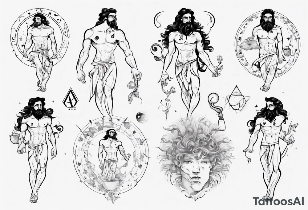 The Zodiac sign Aquarius in Human male form, mystic and spiritual. tattoo idea