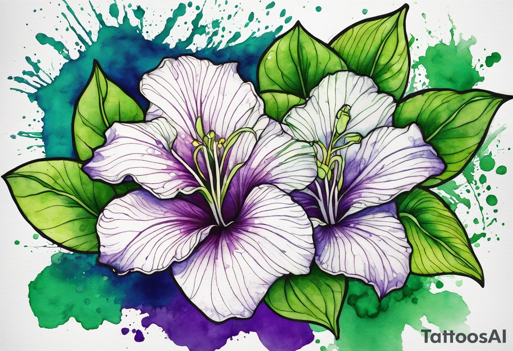 An outline of an only green rio dipladenia flower and a green and purple watercolor splash in the background tattoo idea