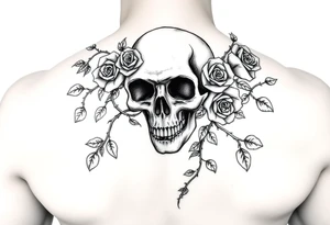 gothic skull intertwined with climbing roses and thorny vines tattoo idea