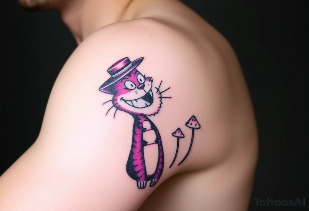 colourful Cheshire Cat from Alice in Wonderland, with a top hat on its head and mushrooms tattoo idea