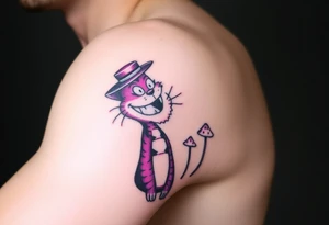 colourful Cheshire Cat from Alice in Wonderland, with a top hat on its head and mushrooms tattoo idea