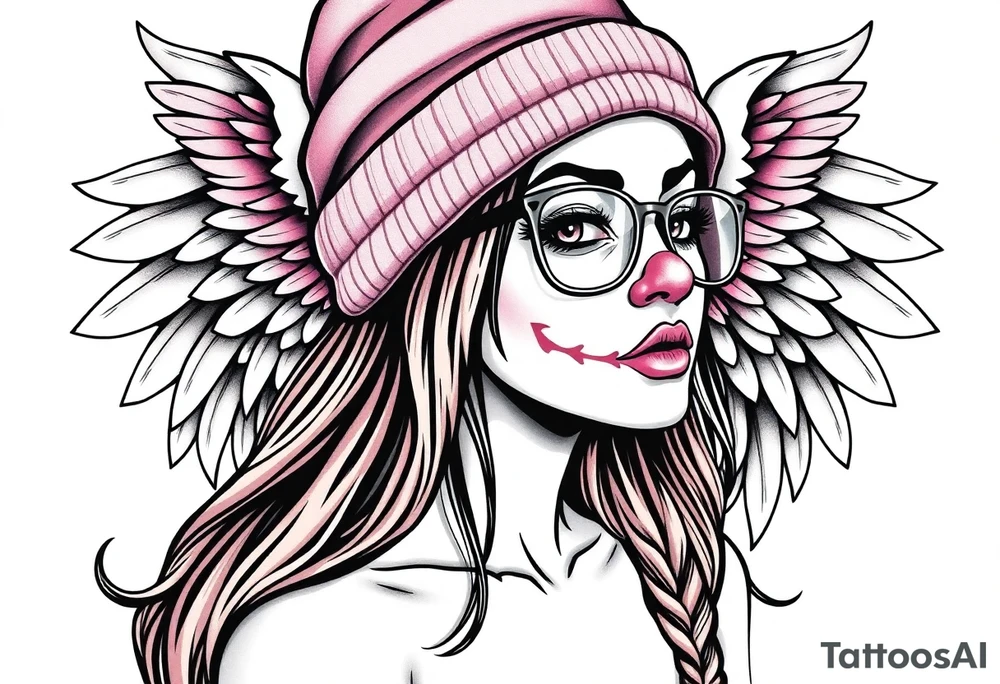 Mexican beautiful long hair Clown Girl thug beanie eyeglasses angel wings tattoo idea