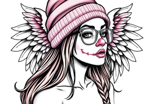 Mexican beautiful long hair Clown Girl thug beanie eyeglasses angel wings tattoo idea