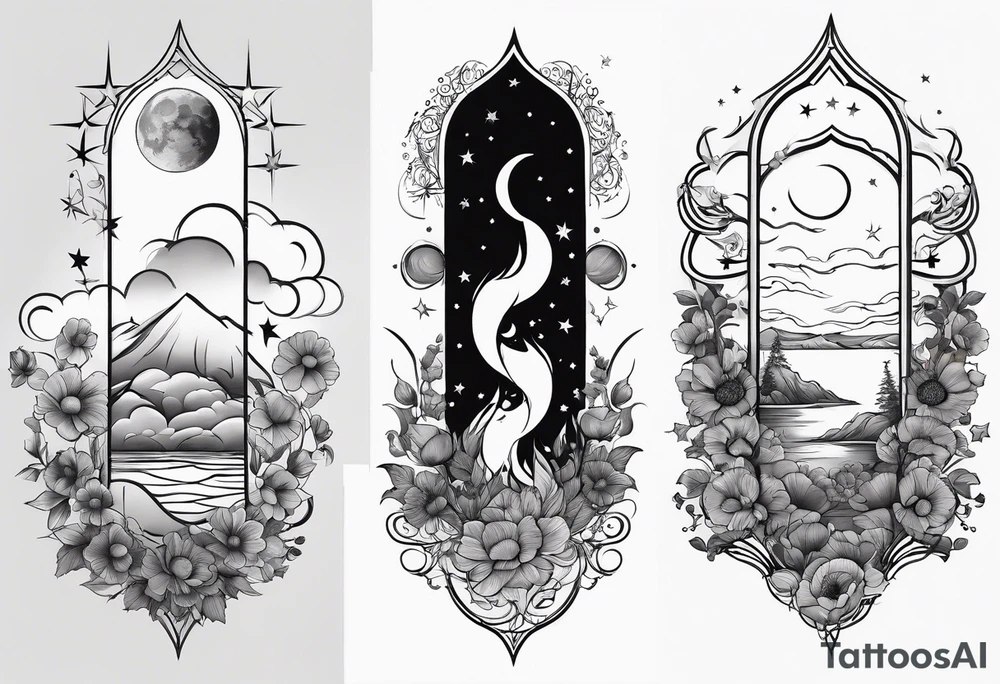 fine line vertical spine tattoo with stars, moon, clouds, poppy tattoo idea