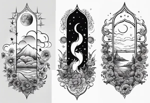 fine line vertical spine tattoo with stars, moon, clouds, poppy tattoo idea
