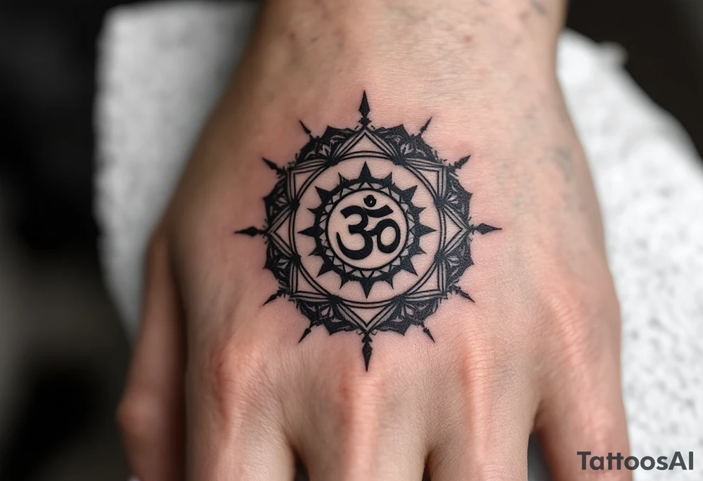 Dharmachakra 8 spoke wheel with an ohm symbol in the middle tattoo idea