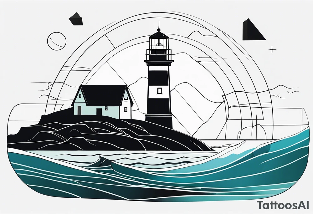 lighthouse in filne line and a bit geometric. Mostly black but the light and the sea colored. also the sea close to the lighthouse tattoo idea