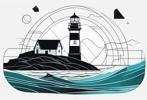 lighthouse in filne line and a bit geometric. Mostly black but the light and the sea colored. also the sea close to the lighthouse tattoo idea