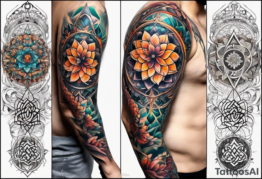 front knee tattoo with sacred geometry, swirls & washes, background and in fall colors tattoo idea