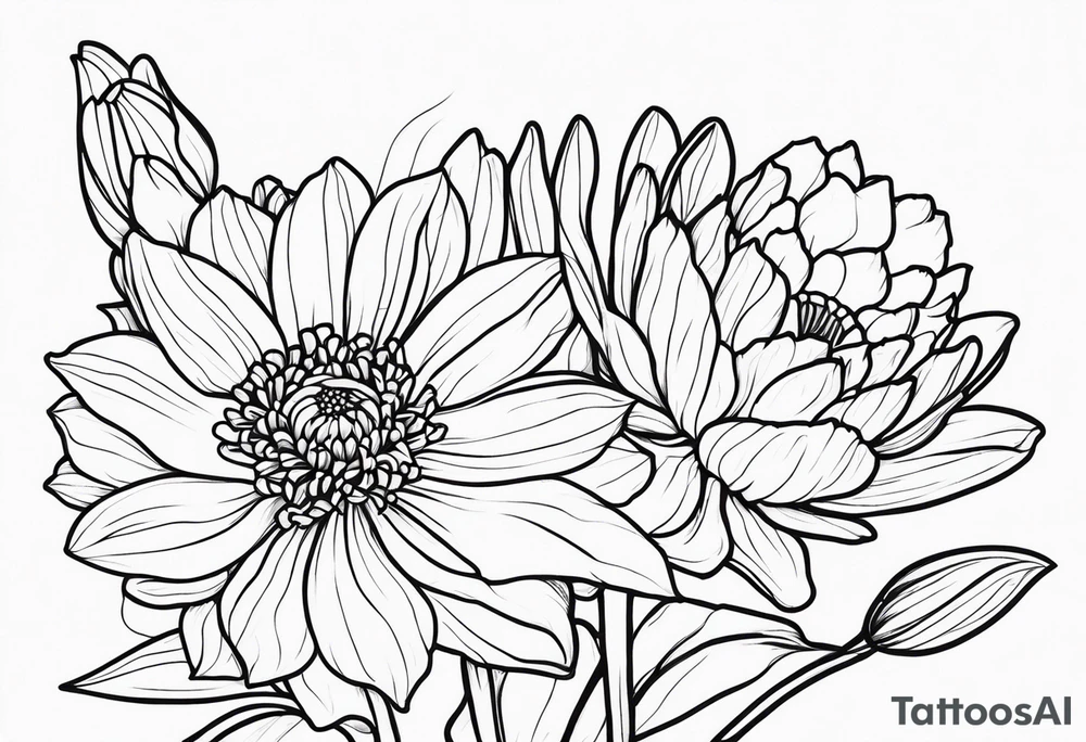 chrysanthemum and daffodil linework tattoo idea