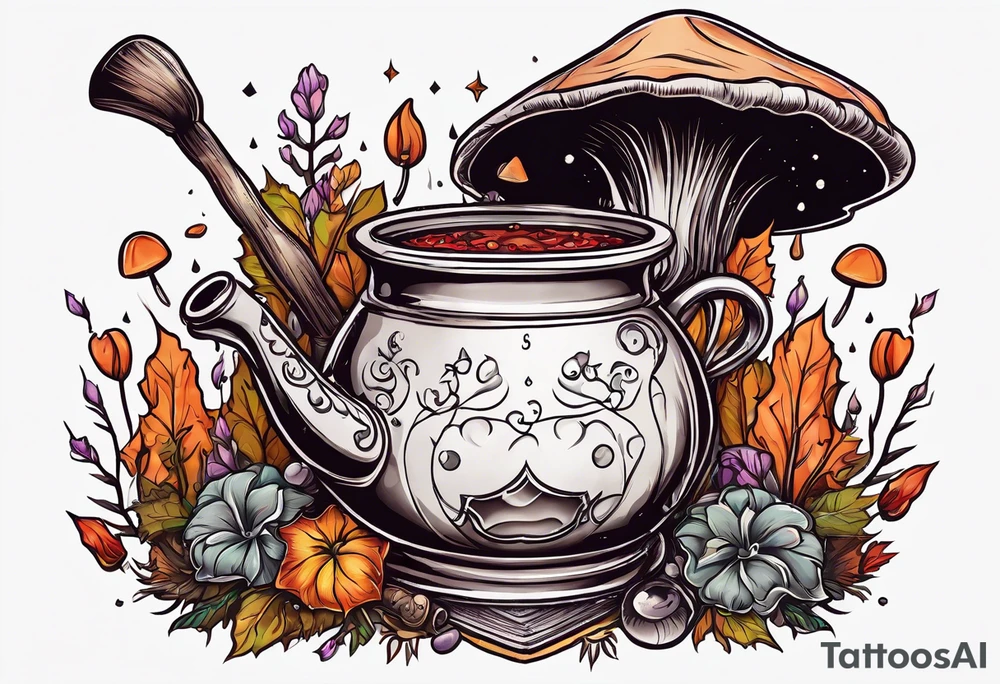 Witchy vibes with a broom, boiling pot, spell book, crystals, and mushrooms tattoo idea