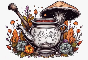 Witchy vibes with a broom, boiling pot, spell book, crystals, and mushrooms tattoo idea