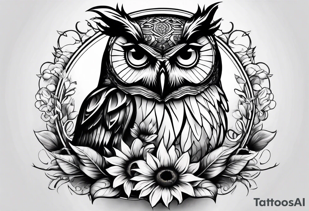 Sleeve with an owl, sunflower and butterfly tattoo idea