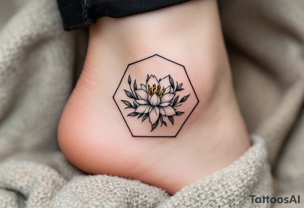 Faint Hexagon with Leo, larkspur and water lilies in the center tattoo idea