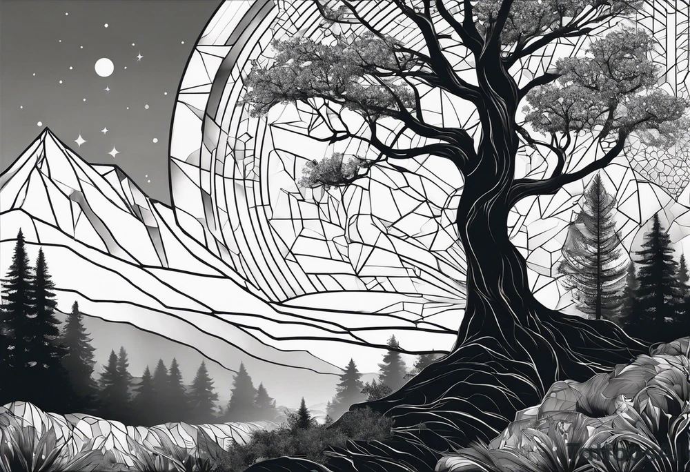 Wald silhouette mit Geometric Muster im Hintergrund tattoo idea