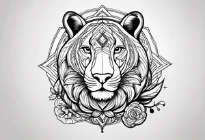 leão com relógio e bússola no fundo tattoo idea
