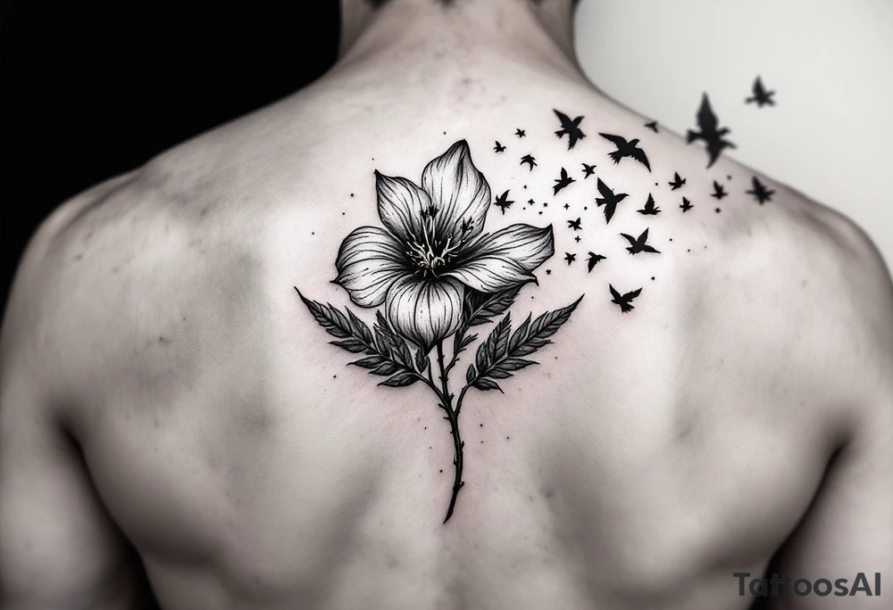 A wood violet blowing in the wind with pedals floating away turning into birds tattoo idea