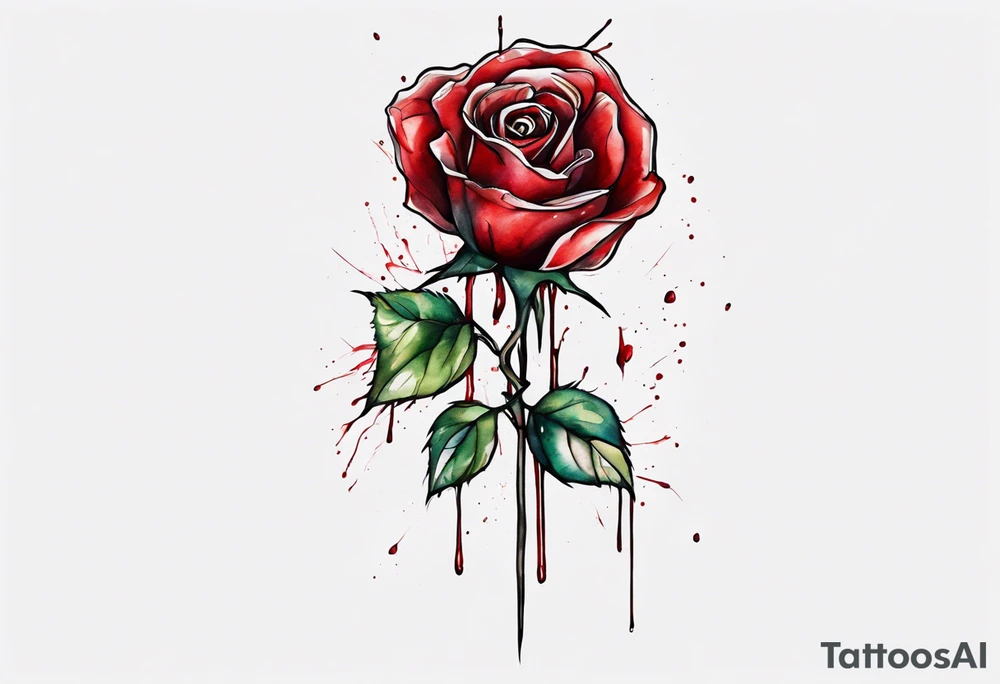 rose flower, one line, red blood dripping from the flower, tall, watercolor, with a Christian cross hidden in the stem tattoo idea