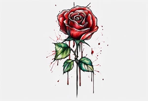 rose flower, one line, red blood dripping from the flower, tall, watercolor, with a Christian cross hidden in the stem tattoo idea
