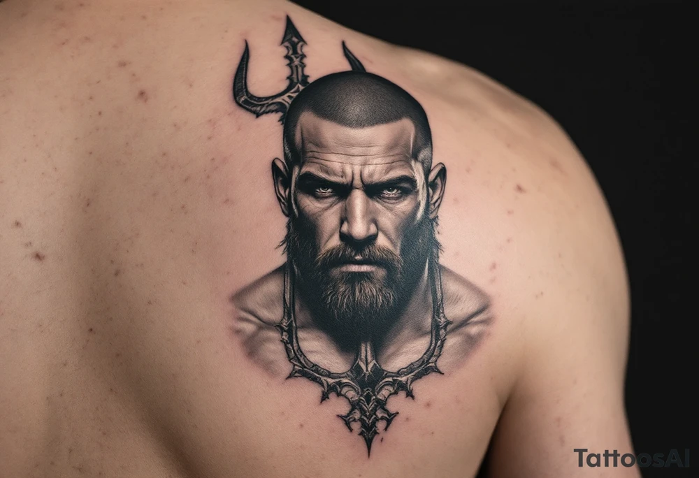 close-up muscular beardless man behind a trident tattoo idea