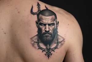 close-up muscular beardless man behind a trident tattoo idea