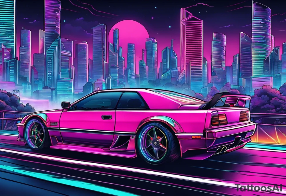 Car.driving through Synthwave cityscape tattoo idea