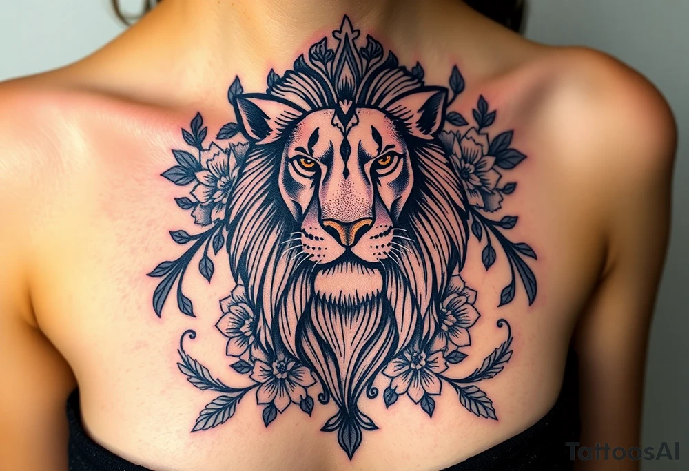powerful majestic lion with a crown, surrounded by floral ornaments and birds tattoo idea