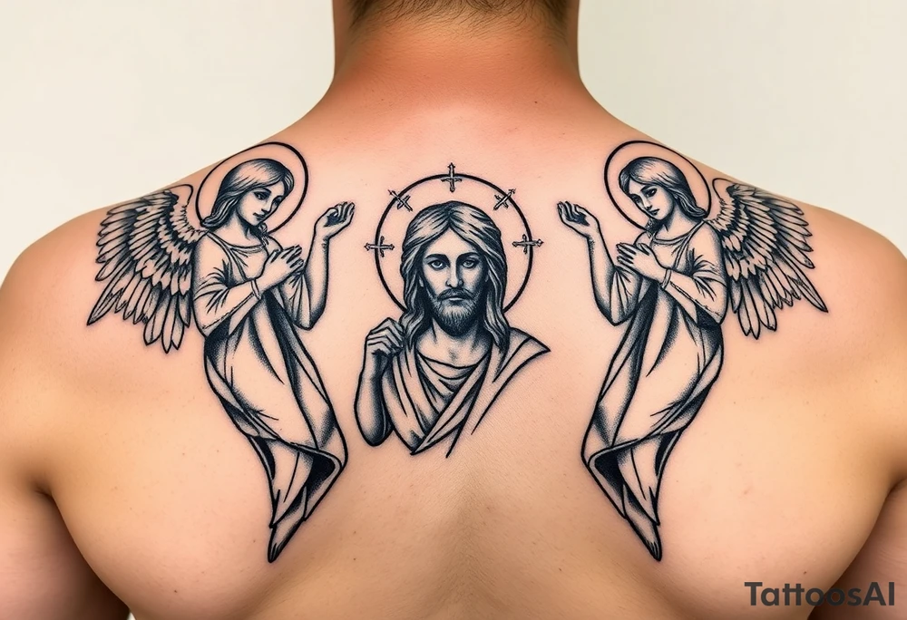 russian orthodox symmetrical guardian angel icon on left and right side of back with both angels holding up a jesus potrait tattoo idea