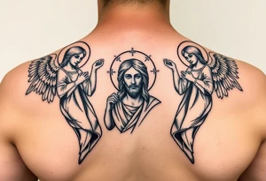 russian orthodox symmetrical guardian angel icon on left and right side of back with both angels holding up a jesus potrait tattoo idea