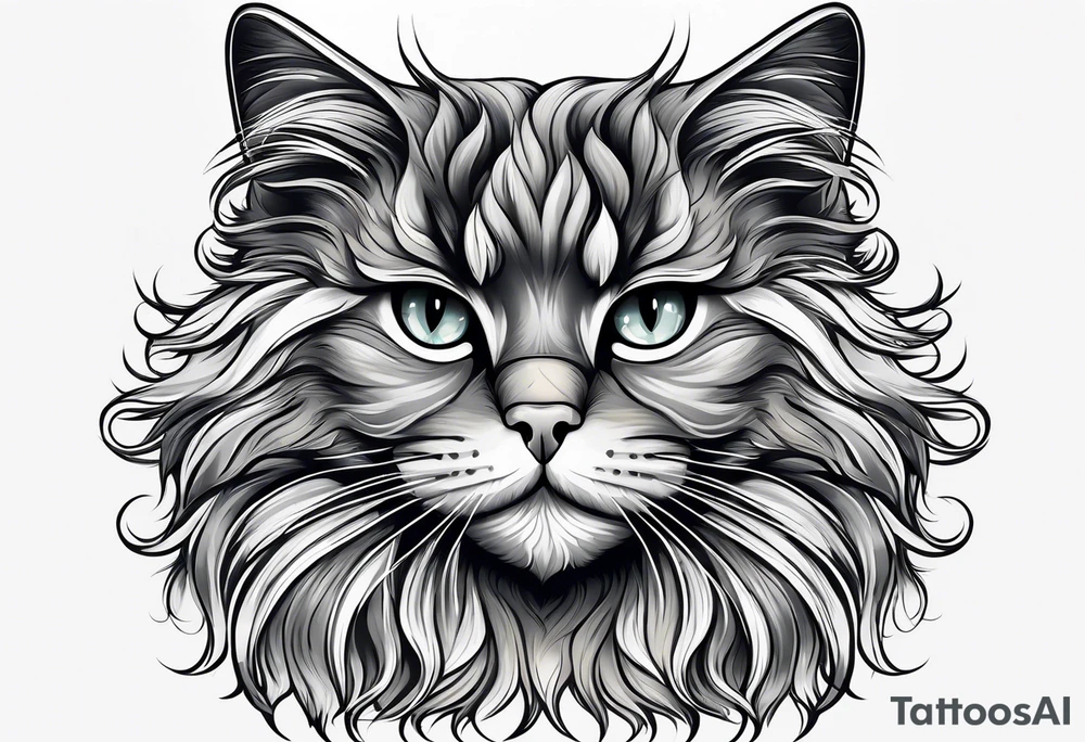 Long hair cat, regal, face gray and white fur tattoo idea
