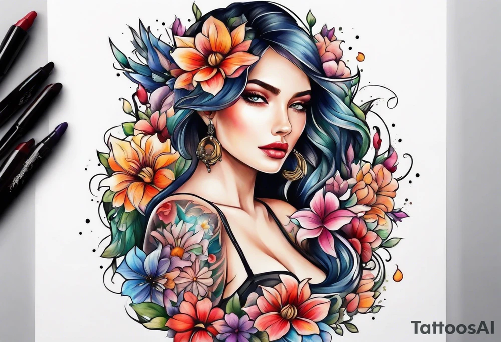 The number seven surrounded by colorful flowers tattoo idea
