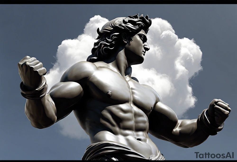 I have an atlas statue with clouds background on my outer right shoulder down to my elbow. I would like something that continues down from that to my wrist, and eventually wraps around my arm, turning my sleeve into one big piece. The ideal tattoo I'm looking for is something not too aggressive and bold but highly detailed. I would like to continue the full body god statue theme, possibly with Hercules, or  Poseidon, but open to all ideas. I would like to keep the full body statue theme as well. tattoo idea