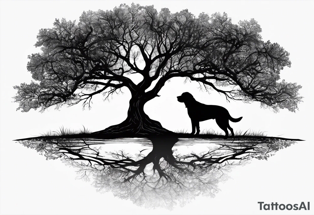 Silouette of a black lab under a bending tree. Wrist size tattoo idea