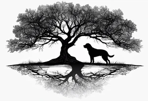 Silouette of a black lab under a bending tree. Wrist size tattoo idea