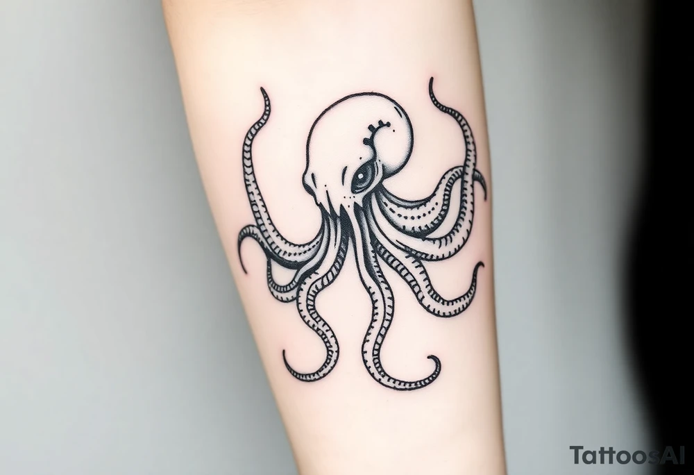 A minimalist blackwork tattoo design of an evil kraken The kraken is viewed from a 45-degree angle facing left, with its head centered. The tentacles extend only to the left and right, with none going downward beneath the head. The style is clean, fine-line detailing with bold outlines, avoiding heavy shading. The tentacles should be fluid, aggressive, and striking, enhancing the menacing and eerie look of the kraken while maintaining a cohesive design for a tattoo sleeve. tattoo idea