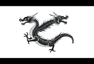 Black ink dragon with flowing body, abstract motion lines, stylised blackwork tattoo, minimalist details, high contrast, traditional Japanese dragon form, vertical layout tattoo idea