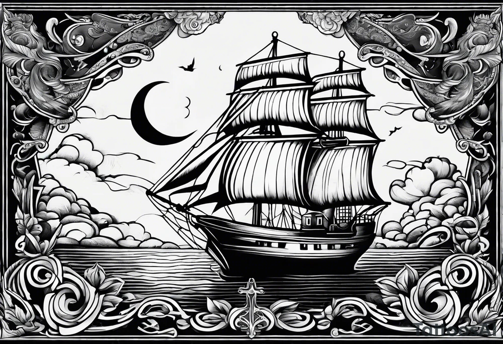bateau, phare maritime et lune bleu tattoo idea