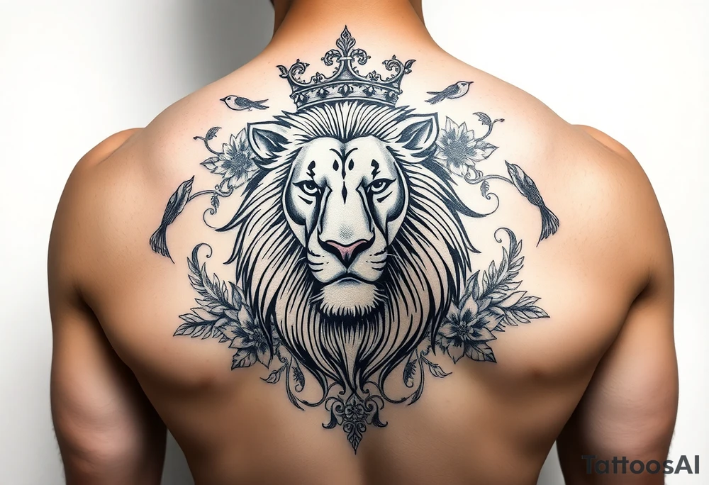 powerful majestic lion with a crown, surrounded by floral ornaments and birds tattoo idea