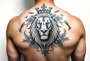 powerful majestic lion with a crown, surrounded by floral ornaments and birds tattoo idea